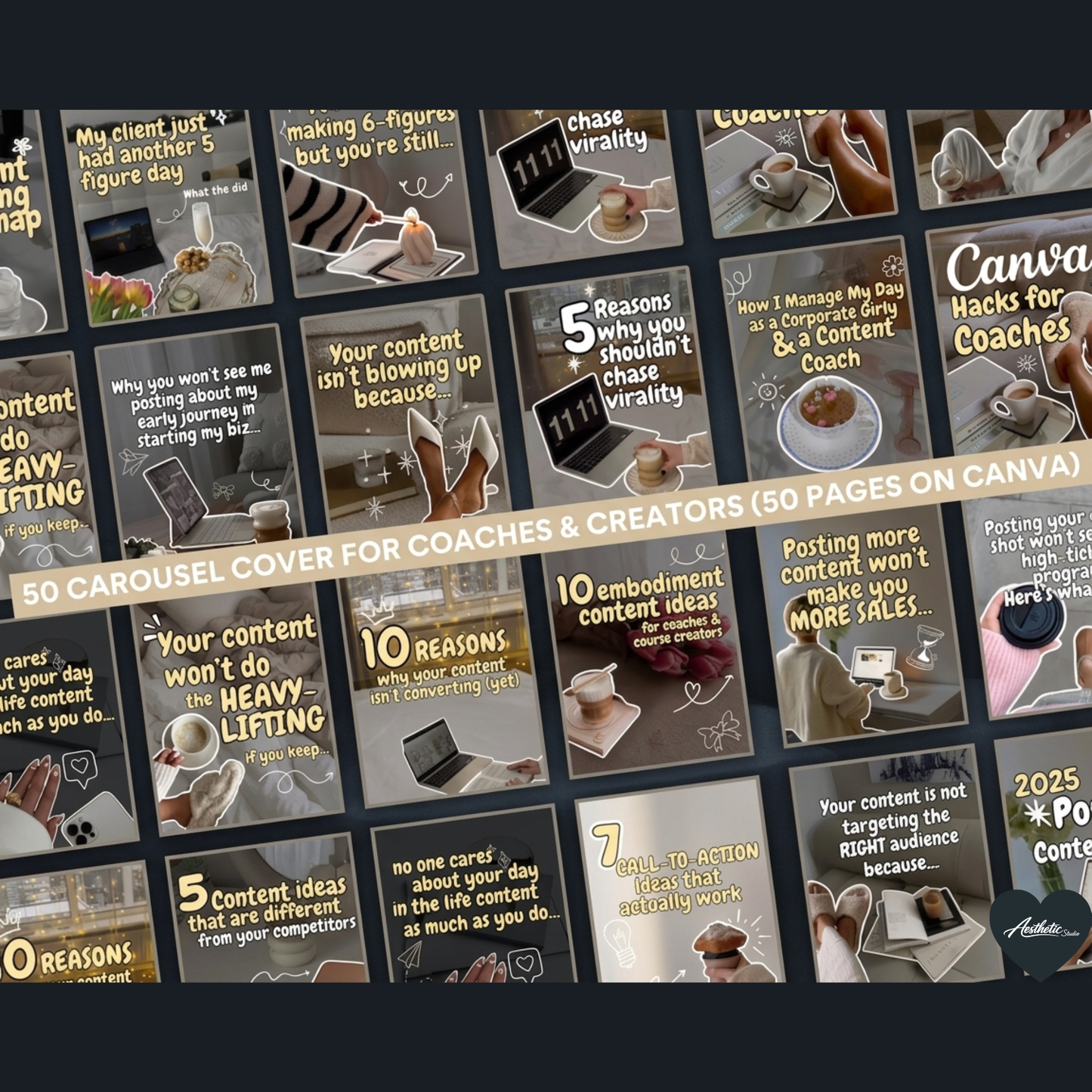 50 Aesthetic Instagram Carousel Covers for Coaches & Creators Fully Editable Canva Pro Templates | High-Converting Content Hooks