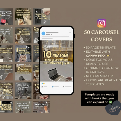 50 Aesthetic Instagram Carousel Covers for Coaches & Creators Fully Editable Canva Pro Templates | High-Converting Content Hooks