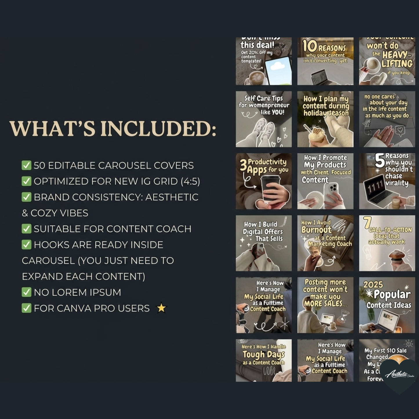 50 Aesthetic Instagram Carousel Covers for Coaches & Creators Fully Editable Canva Pro Templates | High-Converting Content Hooks
