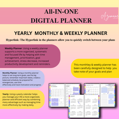 All-in-One Digital Planner 2027 2027 2028, Hyperlink Digital Planner, Daily Weekly Monthly Journal, Goodnotes Planner, Apple Google Calendar