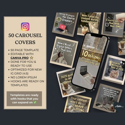 50 Aesthetic Instagram Carousel Covers for Coaches & Creators Fully Editable Canva Pro Templates | High-Converting Content Hooks