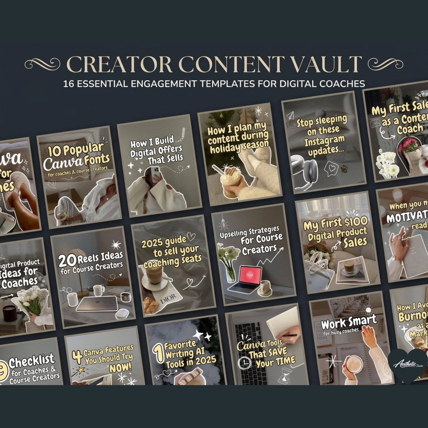 50 Aesthetic Instagram Carousel Covers for Coaches & Creators Fully Editable Canva Pro Templates | High-Converting Content Hooks