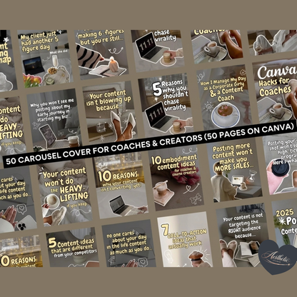 50 Aesthetic Instagram Carousel Covers for Coaches & Creators Fully Editable Canva Pro Templates | High-Converting Content Hooks