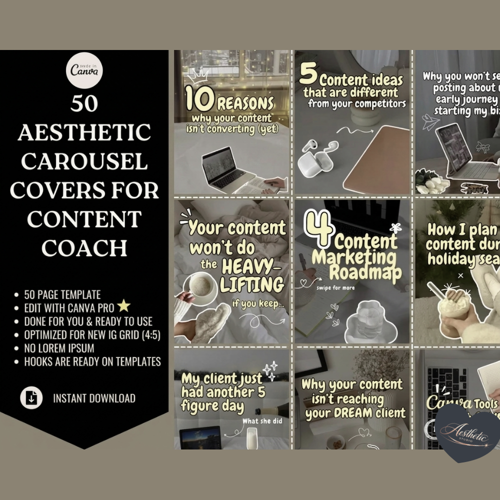 50 Aesthetic Instagram Carousel Covers for Coaches & Creators Fully Editable Canva Pro Templates | High-Converting Content Hooks
