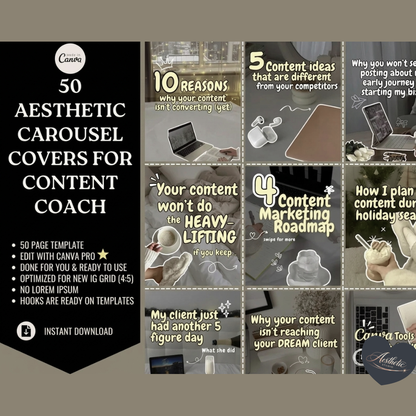 50 Aesthetic Instagram Carousel Covers for Coaches & Creators Fully Editable Canva Pro Templates | High-Converting Content Hooks