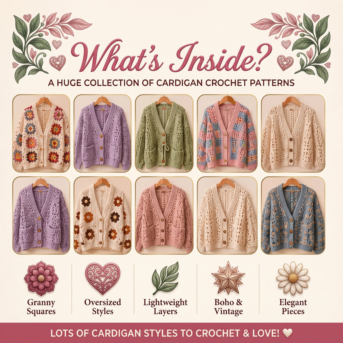 Ultimate Crochet Cardigan Pattern Bundle, Granny Square, Boho, Vintage (PDF Download)